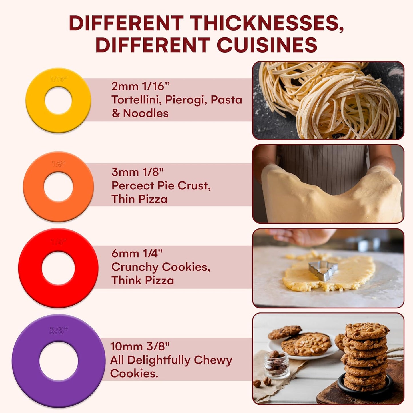 Rolling Pin with Thickness Rings - Adjustable Wooden Rolling Pin - Baking Essential and Roller Tool - Consistent Thickness - Easy to Clean - Beechwood Material - 13.7 x 2.75 x 2.75 inches