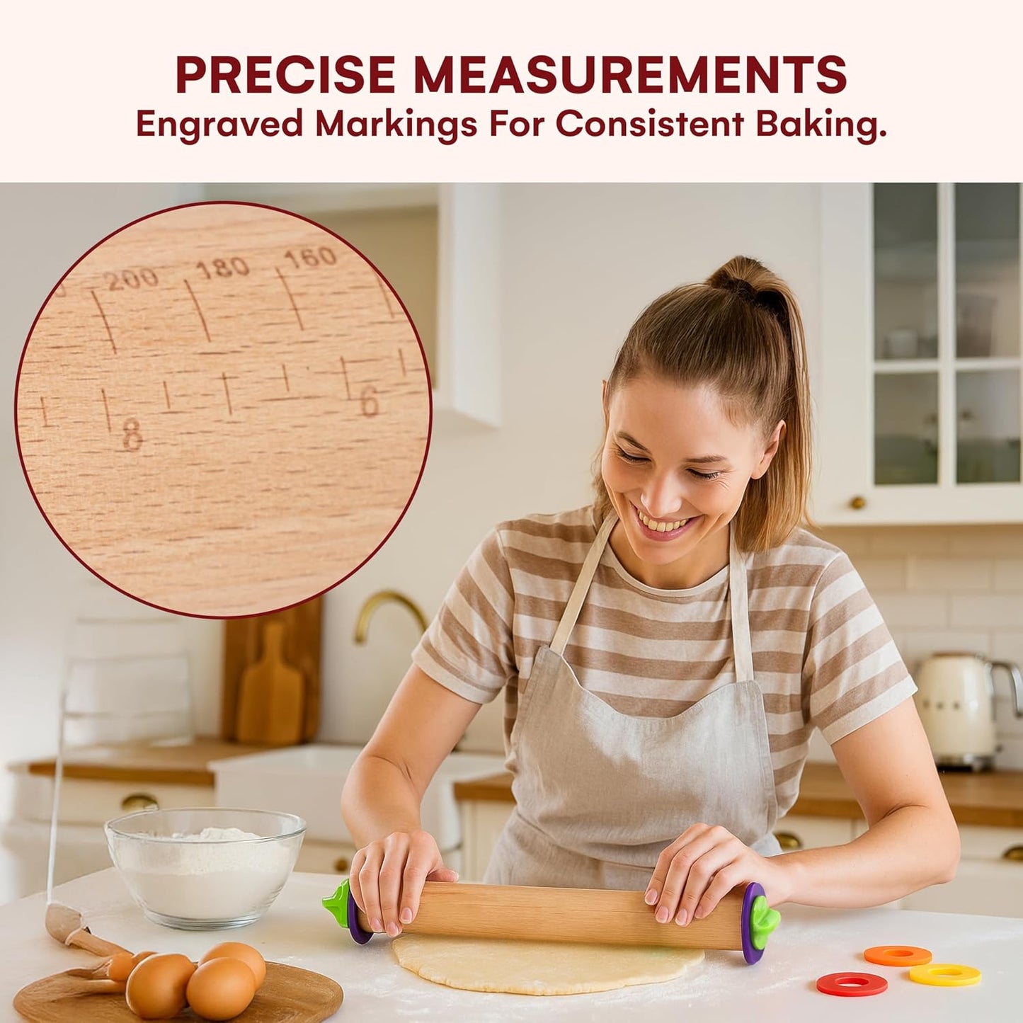 Rolling Pin with Thickness Rings - Adjustable Wooden Rolling Pin - Baking Essential and Roller Tool - Consistent Thickness - Easy to Clean - Beechwood Material - 13.7 x 2.75 x 2.75 inches