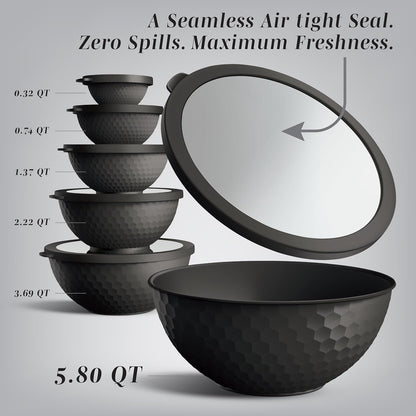Mixing Bowls with Lids - 12 Piece Plastic Nesting Bowls Set includes 6 Prep Bowls and 6 Lids, Microwave Safe Mixing Bowl Set, Black Embossed - Colors A