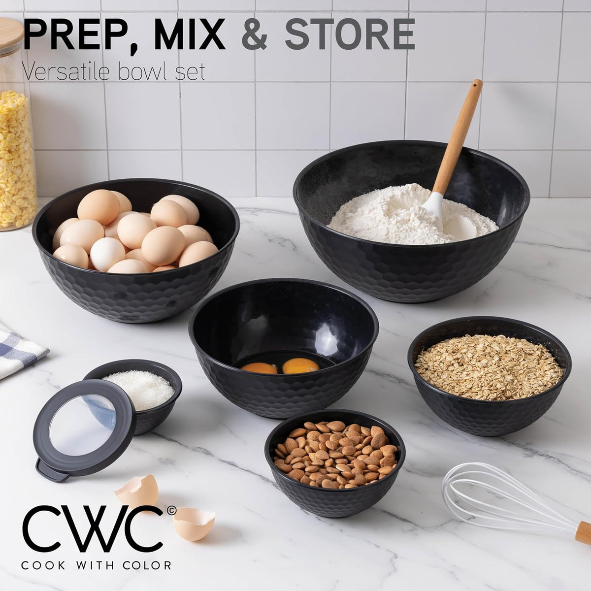 Mixing Bowls with Lids - 12 Piece Plastic Nesting Bowls Set includes 6 Prep Bowls and 6 Lids, Microwave Safe Mixing Bowl Set, Black Embossed - Colors A
