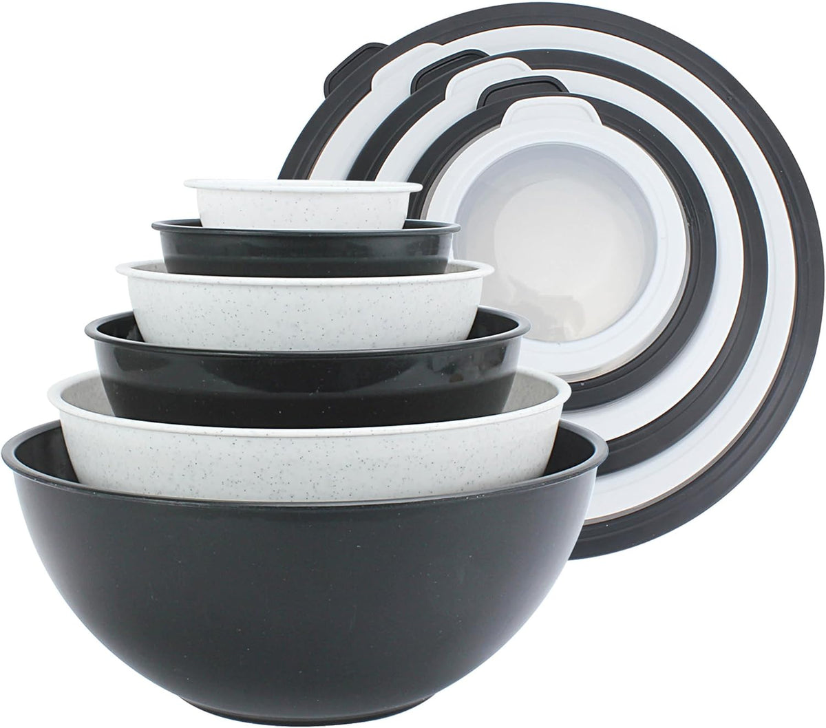 Mixing Bowls with Lids - 12 Piece Plastic Nesting Bowls Set includes 6 Prep Bowls and 6 Lids, Microwave Safe Mixing Bowl Set, Black Embossed - Colors A