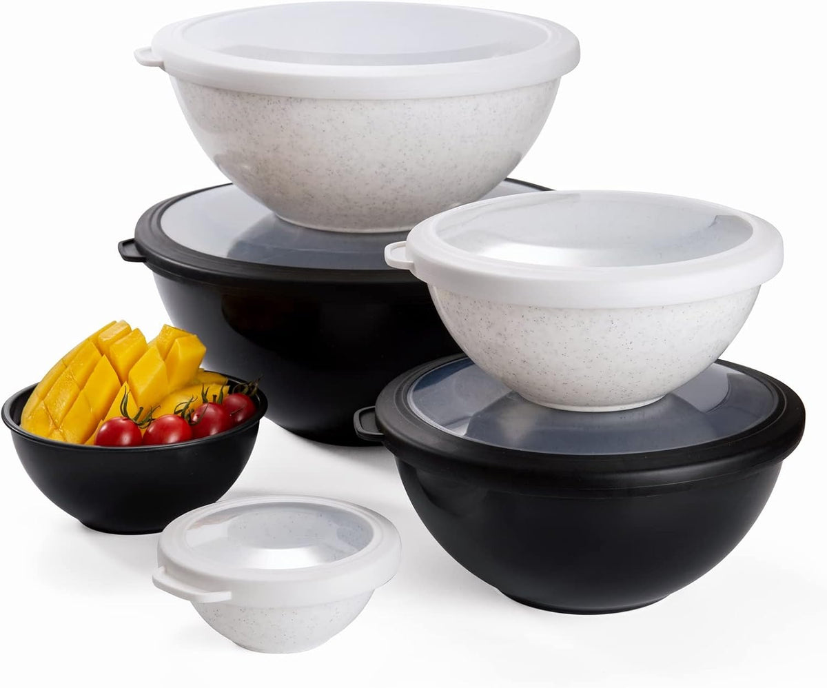 Mixing Bowls with Lids - 12 Piece Plastic Nesting Bowls Set includes 6 Prep Bowls and 6 Lids, Microwave Safe Mixing Bowl Set, Black Embossed - Colors A
