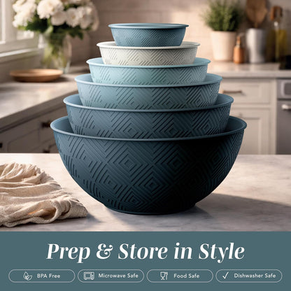 Mixing Bowls with Lids - 12 Piece Plastic Nesting Bowls Set includes 6 Prep Bowls and 6 Lids, Microwave Safe Mixing Bowl Set, Black Embossed - Colors A