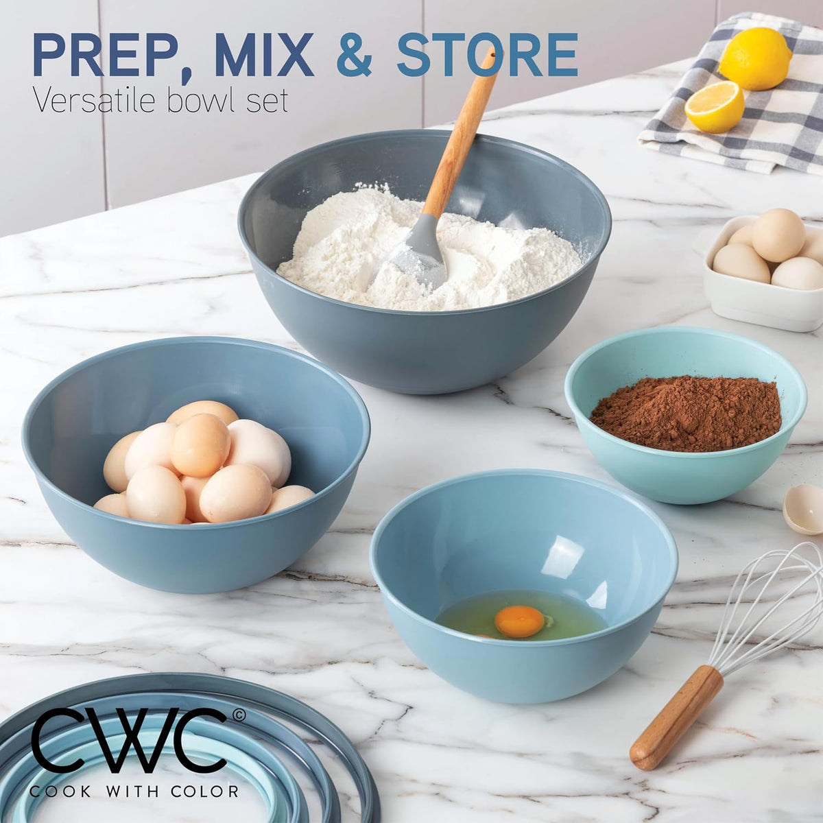Mixing Bowls with Lids - 12 Piece Plastic Nesting Bowls Set includes 6 Prep Bowls and 6 Lids, Microwave Safe Mixing Bowl Set, Black Embossed - Colors A