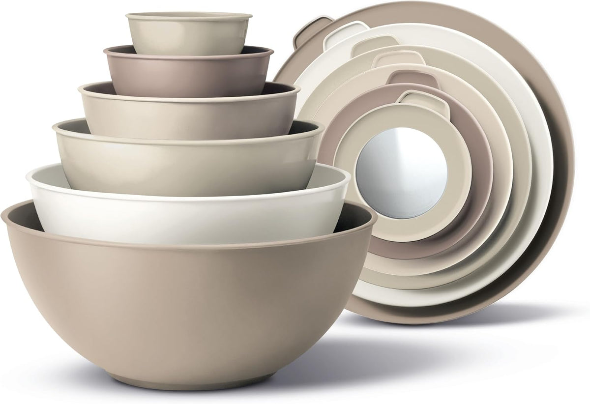 Mixing Bowls with Lids - 12 Piece Plastic Nesting Bowls Set includes 6 Prep Bowls and 6 Lids, Microwave Safe Mixing Bowl Set, Black Embossed - Colors A