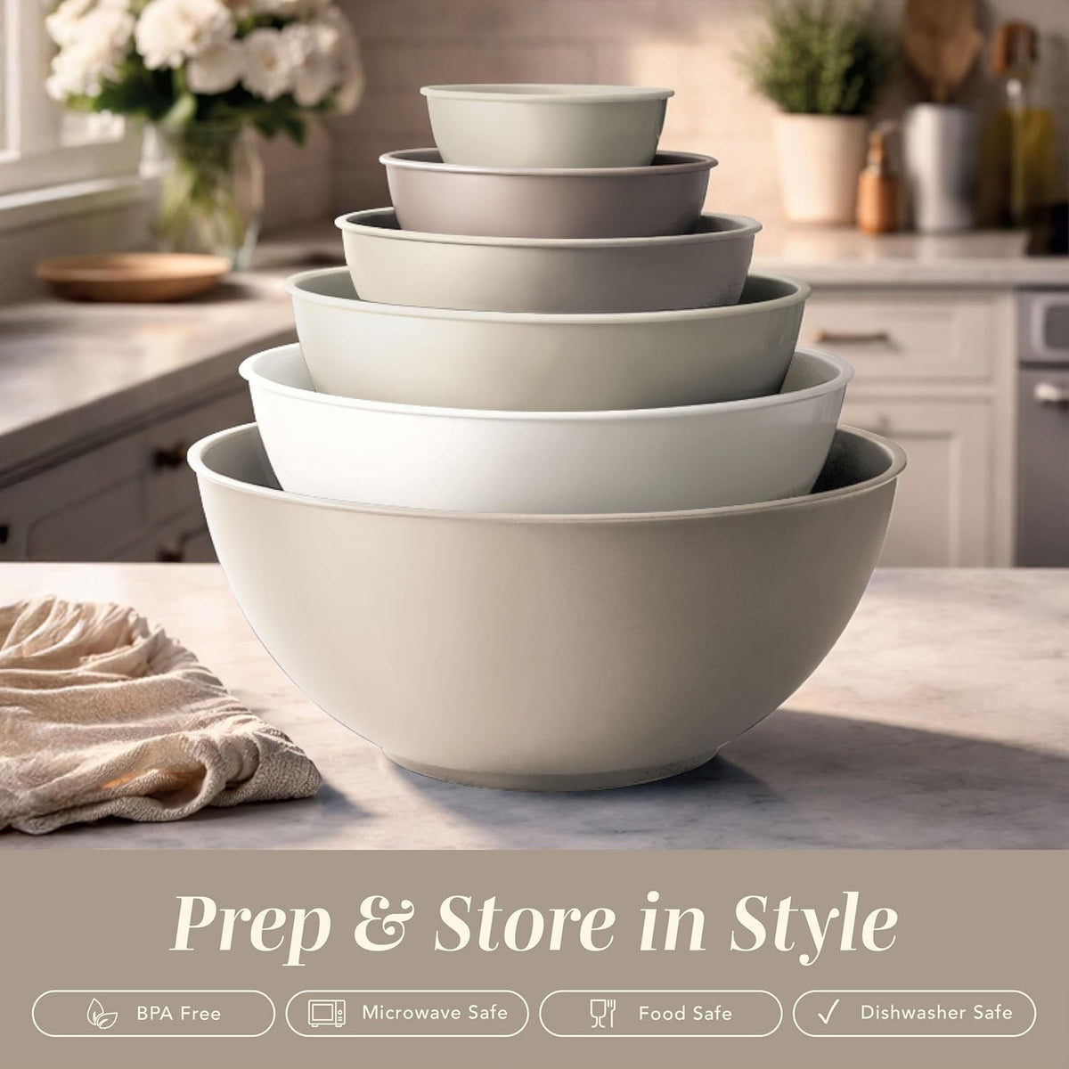 Mixing Bowls with Lids - 12 Piece Plastic Nesting Bowls Set includes 6 Prep Bowls and 6 Lids, Microwave Safe Mixing Bowl Set, Black Embossed - Colors A