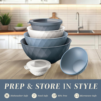 Mixing Bowls with Lids - 12 Piece Plastic Nesting Bowls Set includes 6 Prep Bowls and 6 Lids, Microwave Safe Mixing Bowl Set, Black Embossed - Colors A