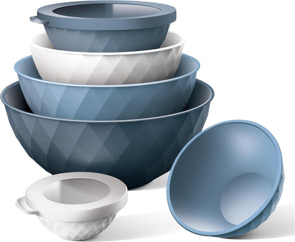 Mixing Bowls with Lids - 12 Piece Plastic Nesting Bowls Set includes 6 Prep Bowls and 6 Lids, Microwave Safe Mixing Bowl Set, Black Embossed - Colors A