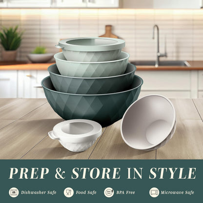 Mixing Bowls with Lids - 12 Piece Plastic Nesting Bowls Set includes 6 Prep Bowls and 6 Lids, Microwave Safe Mixing Bowl Set, Black Embossed - Colors A