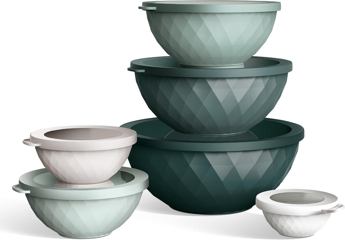 Mixing Bowls with Lids - 12 Piece Plastic Nesting Bowls Set includes 6 Prep Bowls and 6 Lids, Microwave Safe Mixing Bowl Set, Black Embossed - Colors A