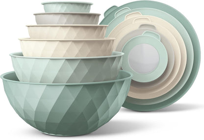 Mixing Bowls with Lids - 12 Piece Plastic Nesting Bowls Set includes 6 Prep Bowls and 6 Lids, Microwave Safe Mixing Bowl Set, Black Embossed - Colors A