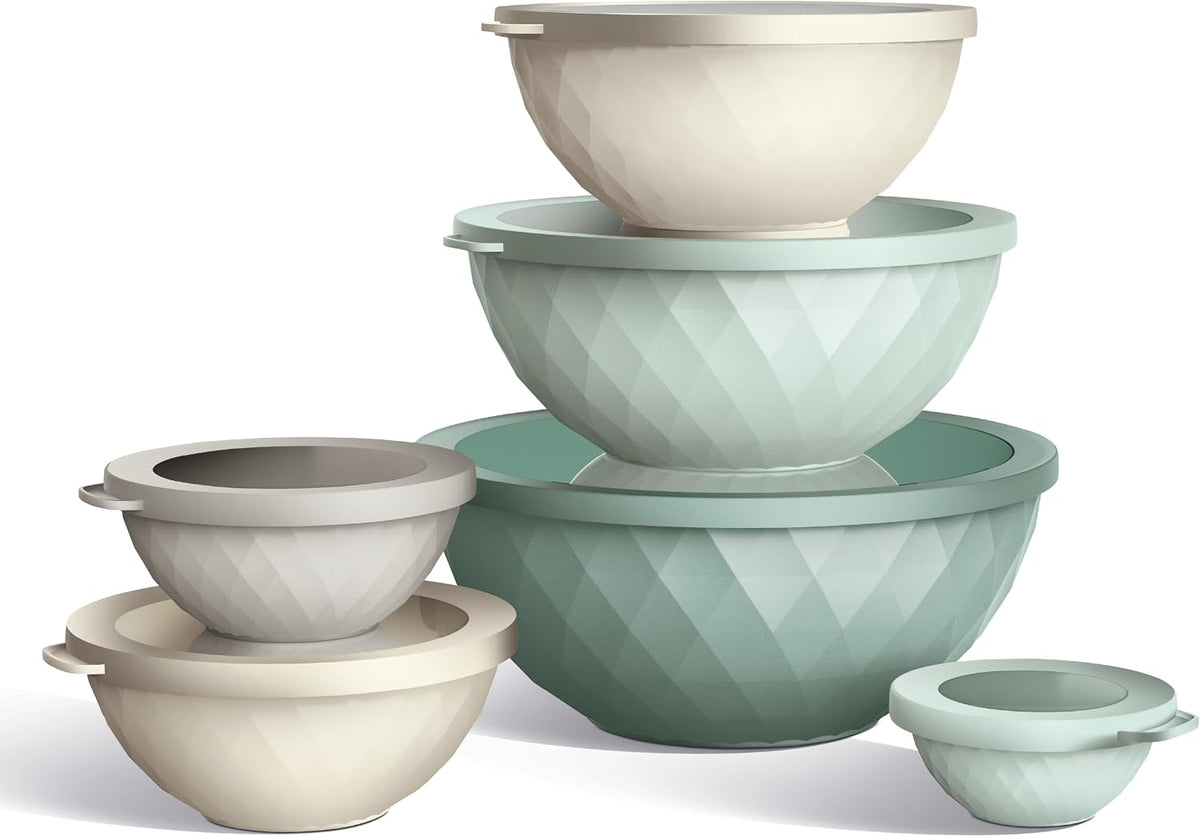 Mixing Bowls with Lids - 12 Piece Plastic Nesting Bowls Set includes 6 Prep Bowls and 6 Lids, Microwave Safe Mixing Bowl Set, Black Embossed - Colors A