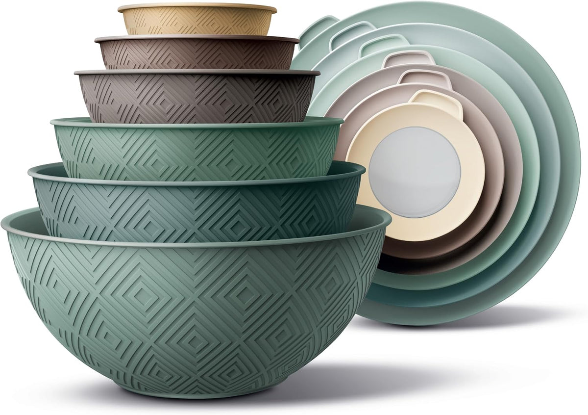 Mixing Bowls with Lids - 12 Piece Plastic Nesting Bowls Set includes 6 Prep Bowls and 6 Lids, Microwave Safe Mixing Bowl Set, Black Embossed - Colors A