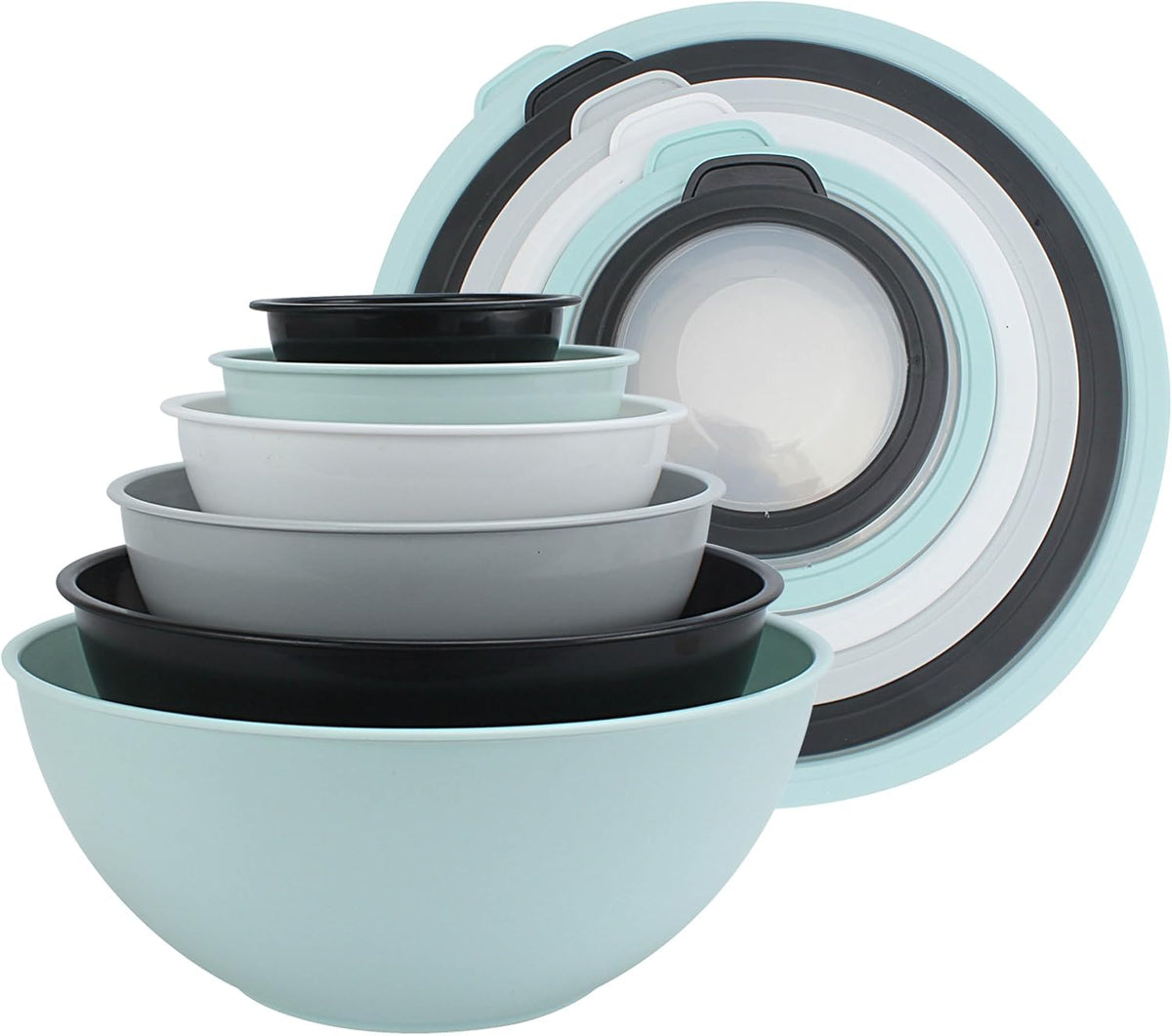 Mixing Bowls with Lids - 12 Piece Plastic Nesting Bowls Set includes 6 Prep Bowls and 6 Lids, Microwave Safe Mixing Bowl Set, Black Embossed - Colors A
