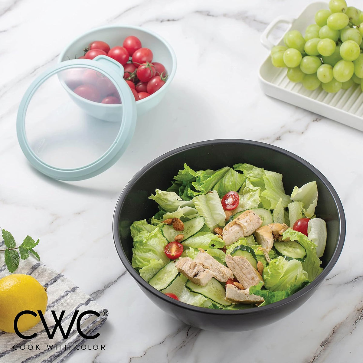 Mixing Bowls with Lids - 12 Piece Plastic Nesting Bowls Set includes 6 Prep Bowls and 6 Lids, Microwave Safe Mixing Bowl Set, Black Embossed - Colors A