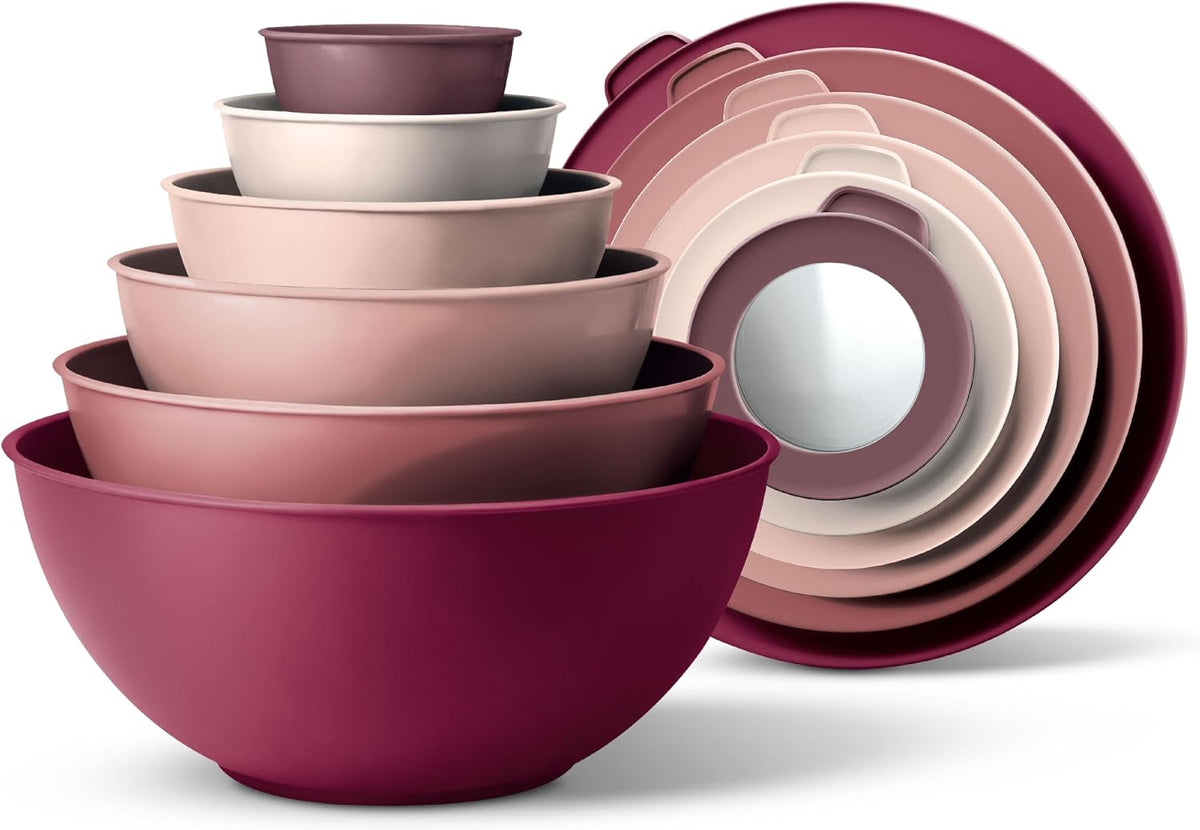 Mixing Bowls with Lids - 12 Piece Plastic Nesting Bowls Set includes 6 Prep Bowls and 6 Lids, Microwave Safe Mixing Bowl Set, Black Embossed - Colors A
