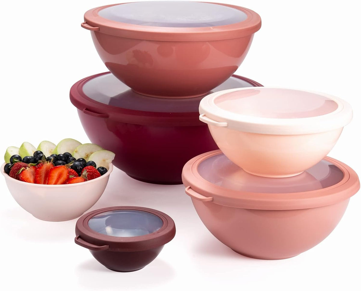 Mixing Bowls with Lids - 12 Piece Plastic Nesting Bowls Set includes 6 Prep Bowls and 6 Lids, Microwave Safe Mixing Bowl Set, Black Embossed - Colors A
