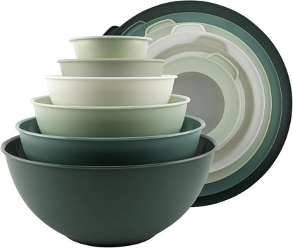 Mixing Bowls with Lids - 12 Piece Plastic Nesting Bowls Set includes 6 Prep Bowls and 6 Lids, Microwave Safe Mixing Bowl Set, Black Embossed - Colors A