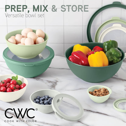 Mixing Bowls with Lids - 12 Piece Plastic Nesting Bowls Set includes 6 Prep Bowls and 6 Lids, Microwave Safe Mixing Bowl Set, Black Embossed - Colors A