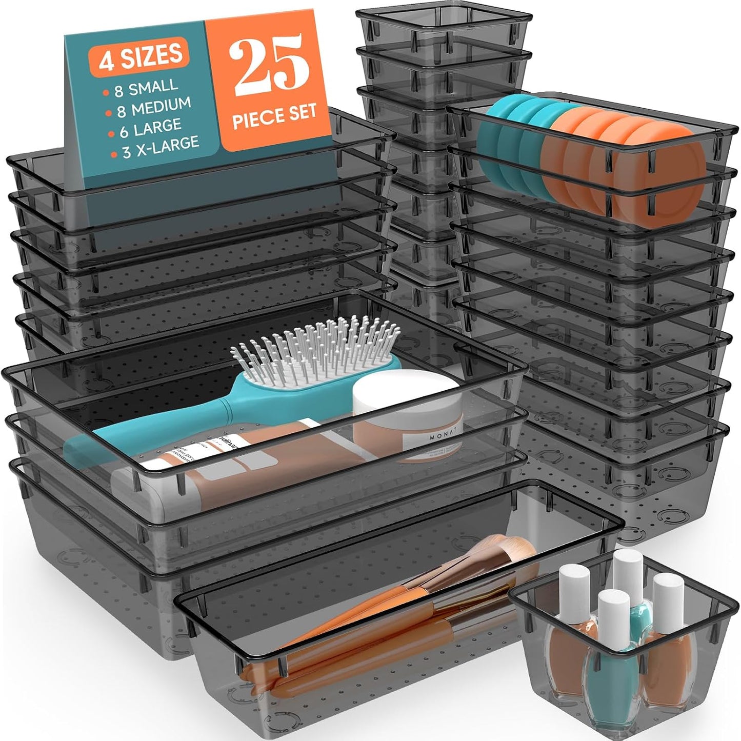 25 PCS Plastic Drawer Organizer, 4-Size Versatile Organizers, Clear Black