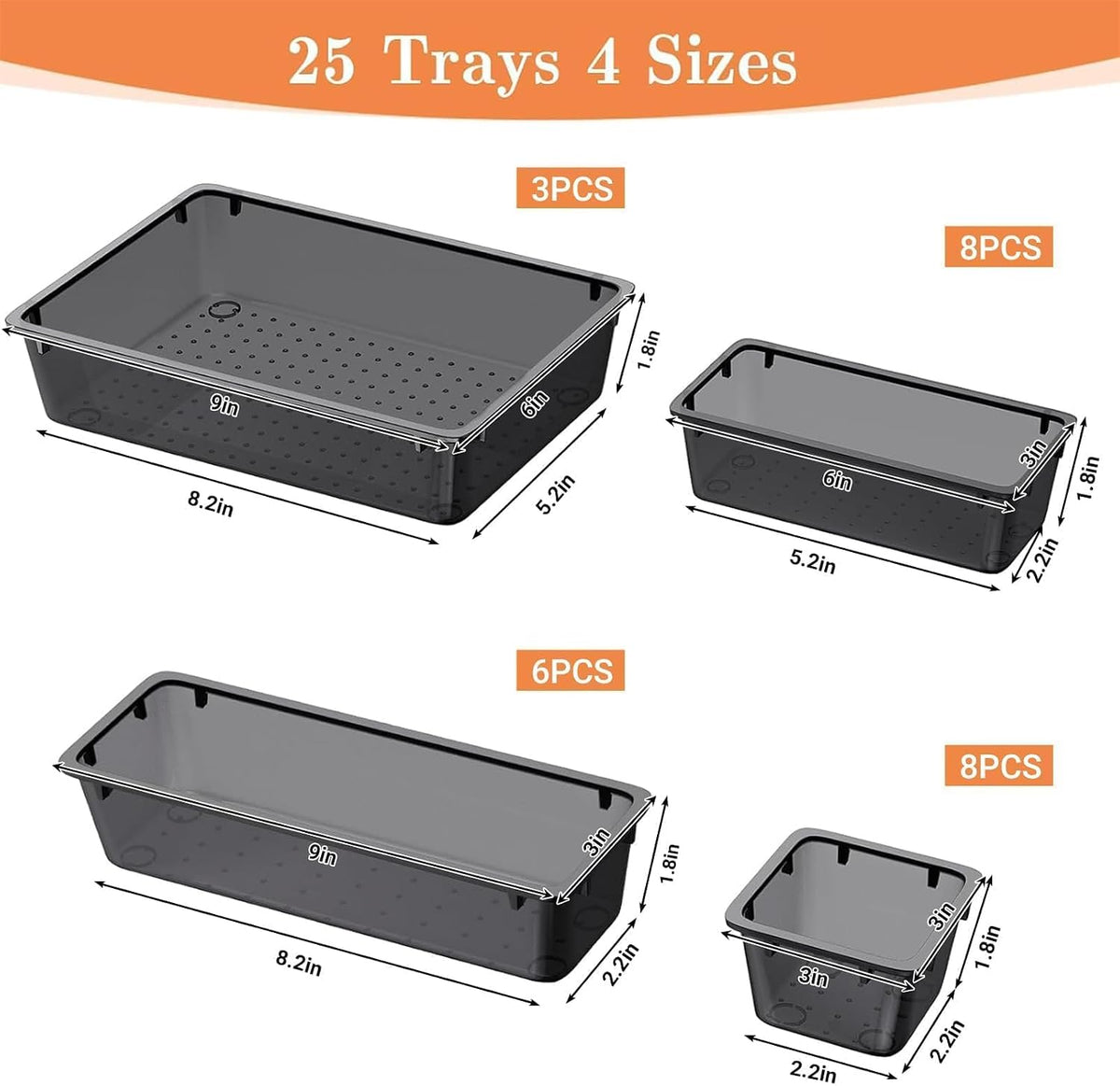 25 PCS Plastic Drawer Organizer, 4-Size Versatile Organizers, Clear Black