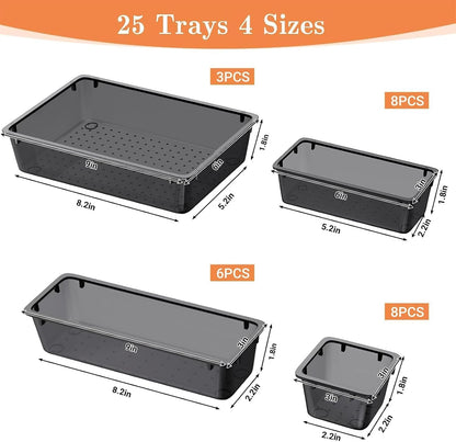 25 PCS Plastic Drawer Organizer, 4-Size Versatile Organizers, Clear Black