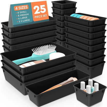 25 PCS Plastic Drawer Organizer, 4-Size Versatile Organizers, Clear Black