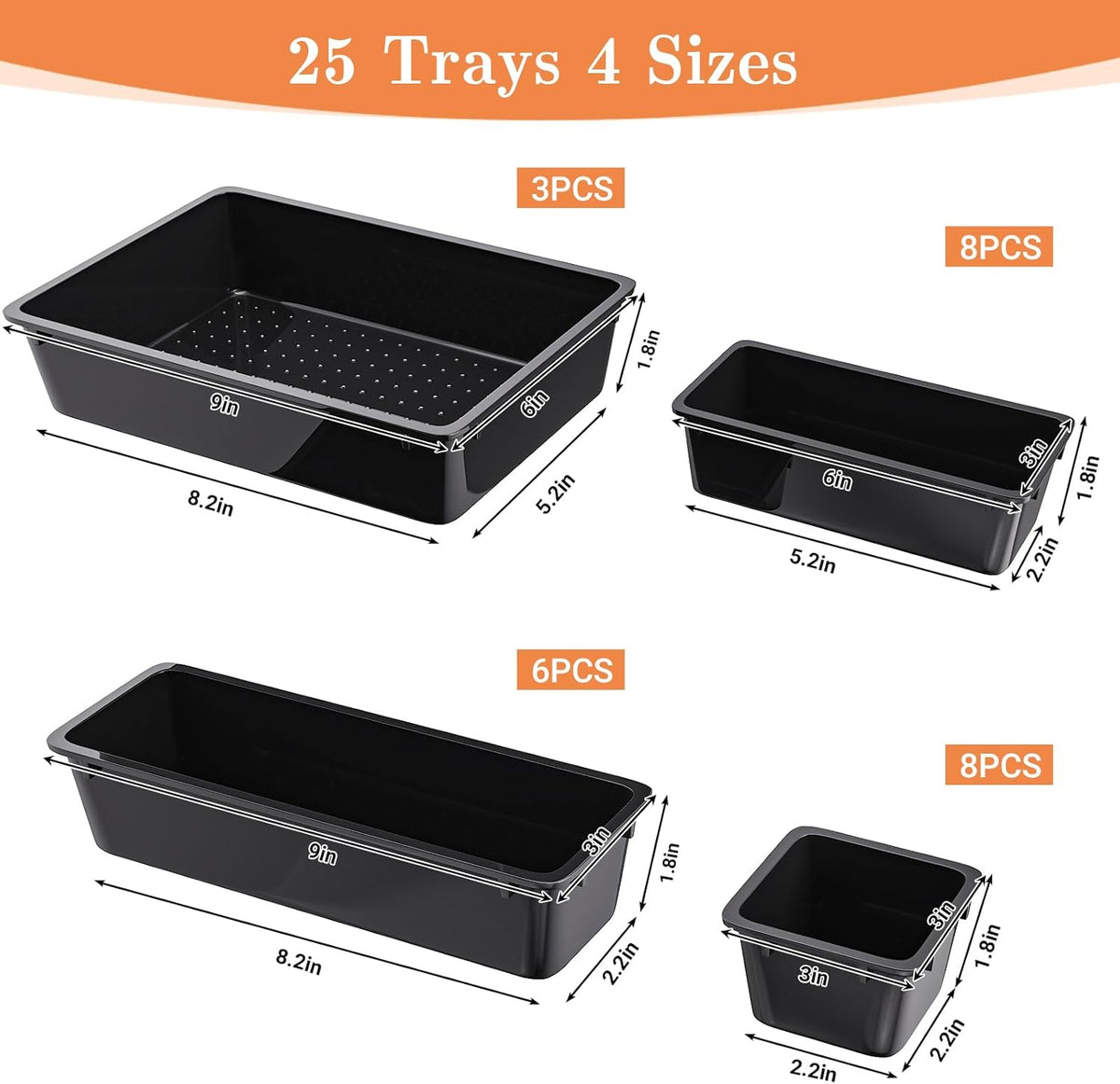 25 PCS Plastic Drawer Organizer, 4-Size Versatile Organizers, Clear Black