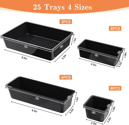 25 PCS Plastic Drawer Organizer, 4-Size Versatile Organizers, Clear Black