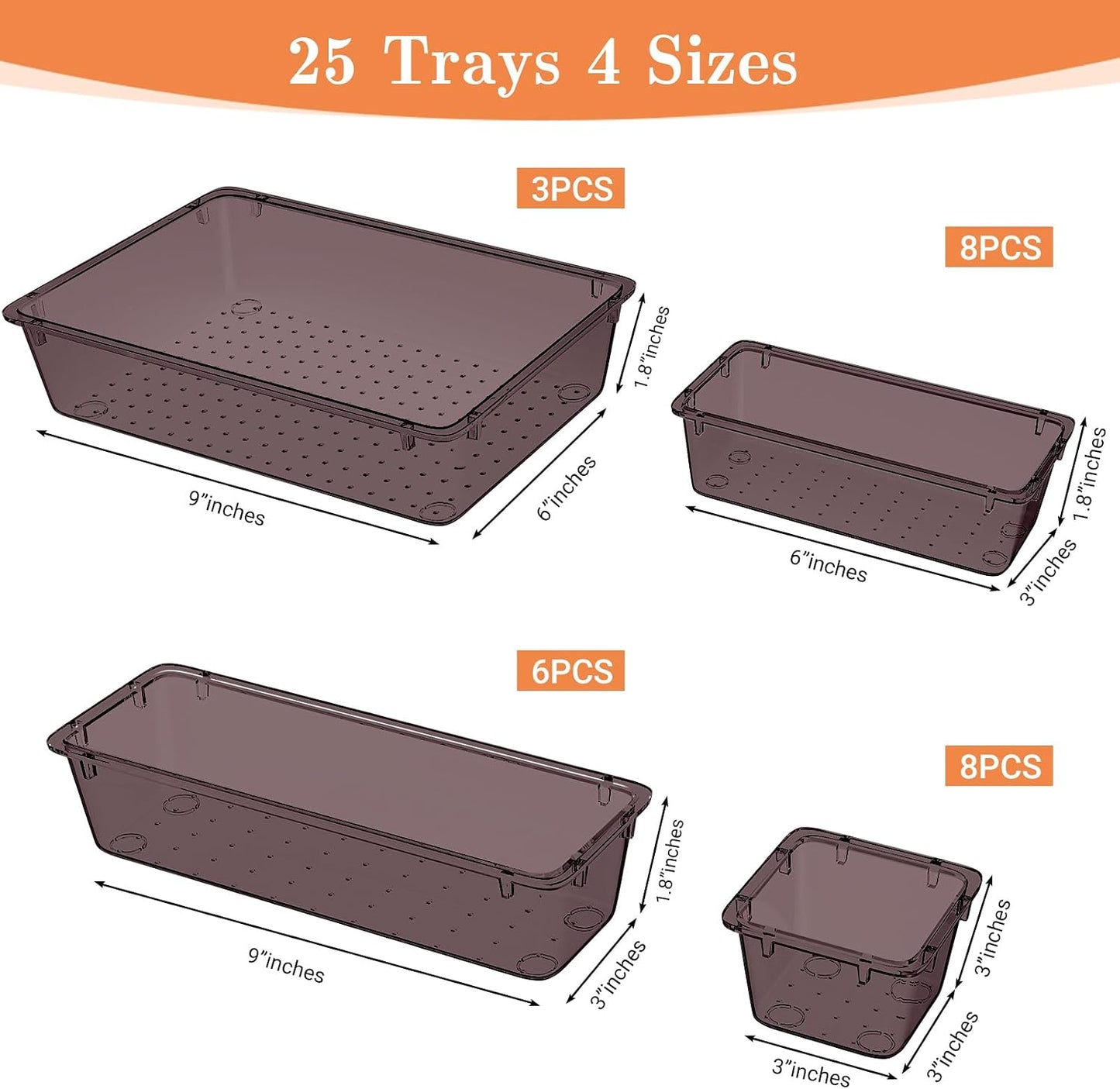 25 PCS Plastic Drawer Organizer, 4-Size Versatile Organizers, Clear Black