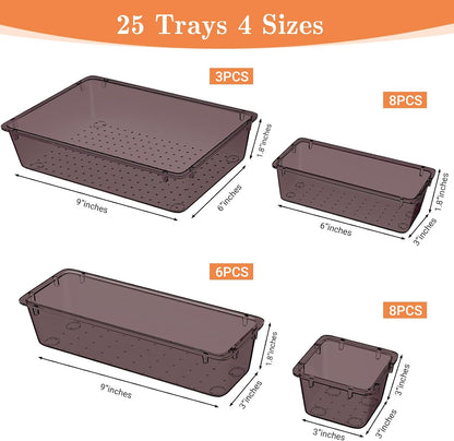25 PCS Plastic Drawer Organizer, 4-Size Versatile Organizers, Clear Black