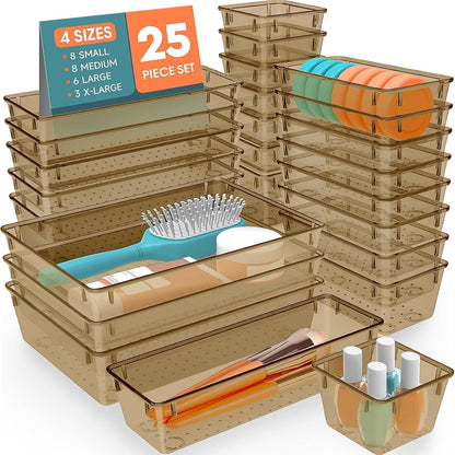 25 PCS Plastic Drawer Organizer, 4-Size Versatile Organizers, Clear Black