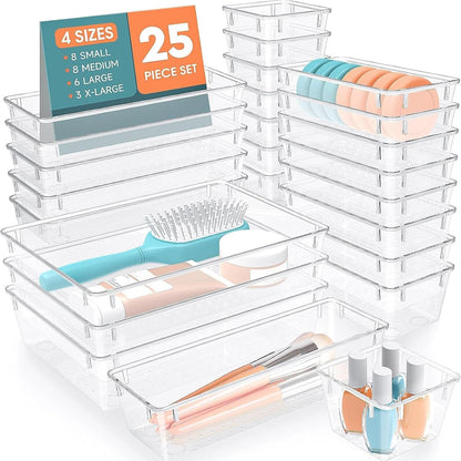 25 PCS Plastic Drawer Organizer, 4-Size Versatile Organizers, Clear Black