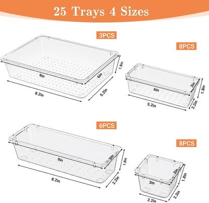 25 PCS Plastic Drawer Organizer, 4-Size Versatile Organizers, Clear Black