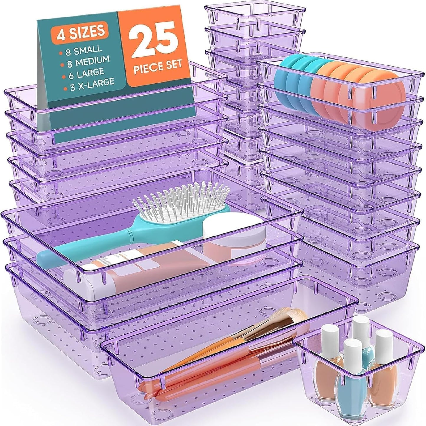25 PCS Plastic Drawer Organizer, 4-Size Versatile Organizers, Clear Black
