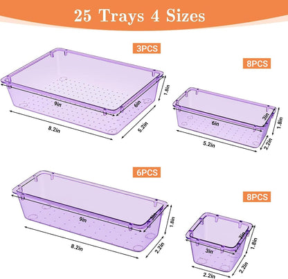 25 PCS Plastic Drawer Organizer, 4-Size Versatile Organizers, Clear Black