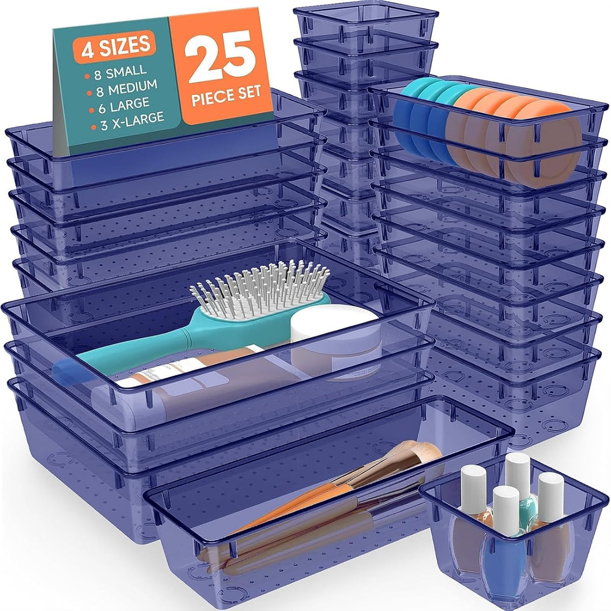 25 PCS Plastic Drawer Organizer, 4-Size Versatile Organizers, Clear Black