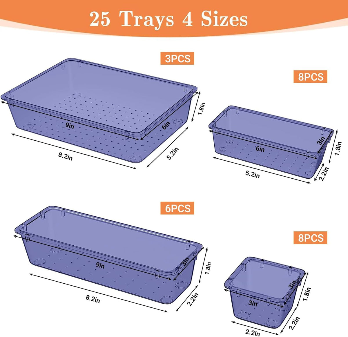 25 PCS Plastic Drawer Organizer, 4-Size Versatile Organizers, Clear Black
