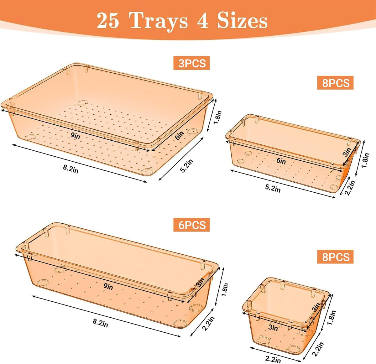25 PCS Plastic Drawer Organizer, 4-Size Versatile Organizers, Clear Black