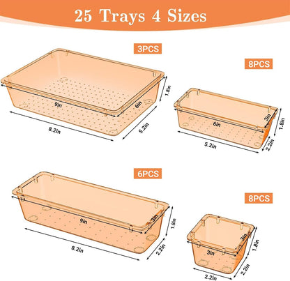 25 PCS Plastic Drawer Organizer, 4-Size Versatile Organizers, Clear Black