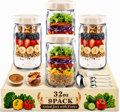 9Pack Salad Jar with Lids Meal Prep，32oz Large Salad Jars with 2 Build in Dressing Cup Meal Prep Containers, Salad Lunch Container for Office Gym On the go