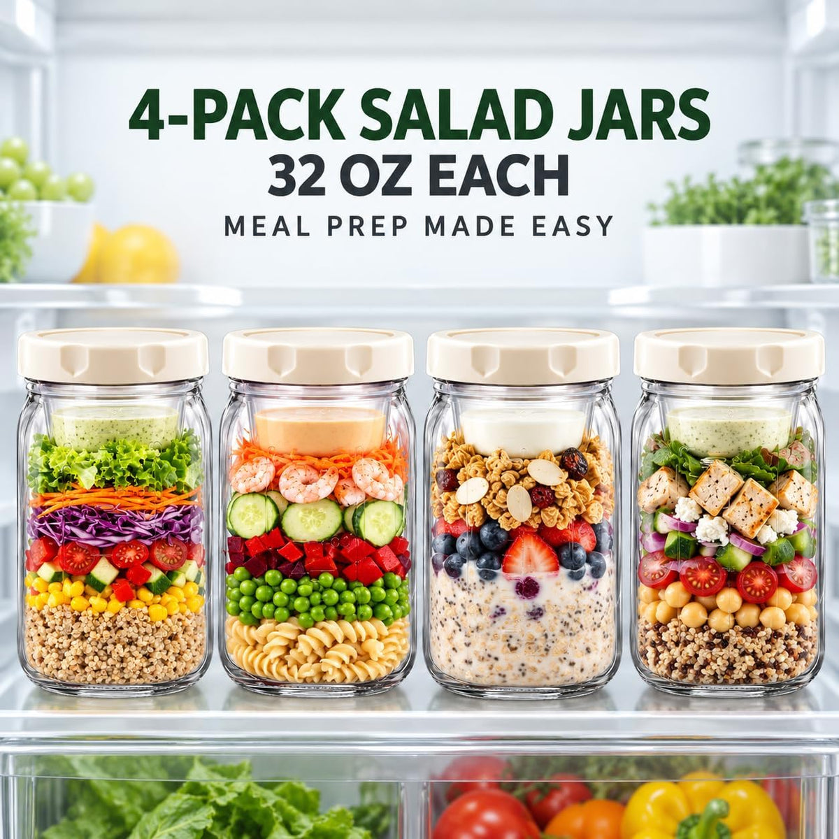 9Pack Salad Jar with Lids Meal Prep，32oz Large Salad Jars with 2 Build in Dressing Cup Meal Prep Containers, Salad Lunch Container for Office Gym On the go
