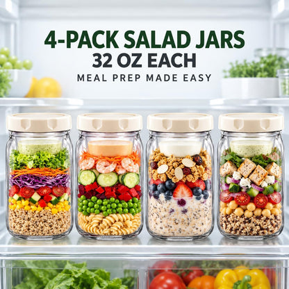 9Pack Salad Jar with Lids Meal Prep，32oz Large Salad Jars with 2 Build in Dressing Cup Meal Prep Containers, Salad Lunch Container for Office Gym On the go