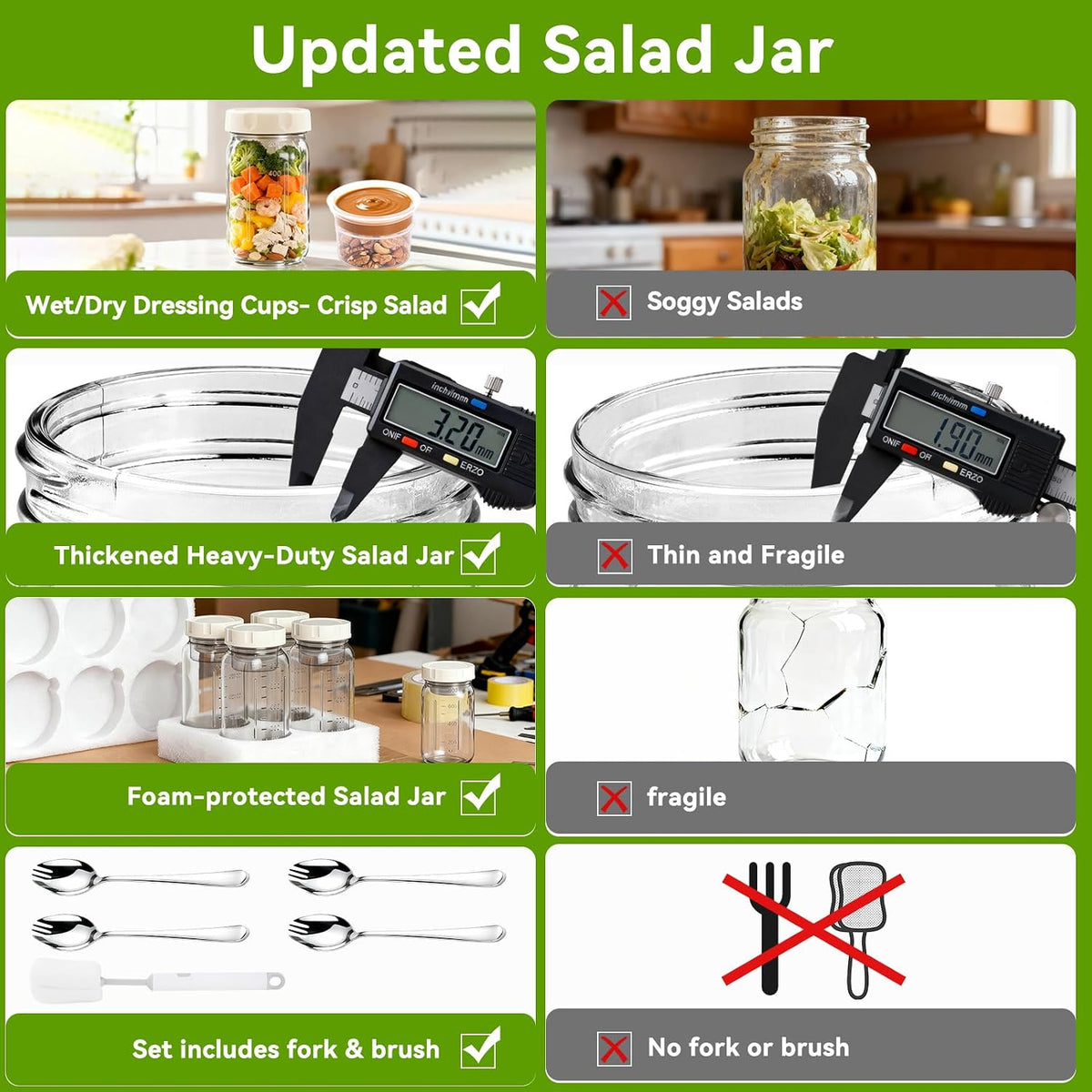 9Pack Salad Jar with Lids Meal Prep，32oz Large Salad Jars with 2 Build in Dressing Cup Meal Prep Containers, Salad Lunch Container for Office Gym On the go