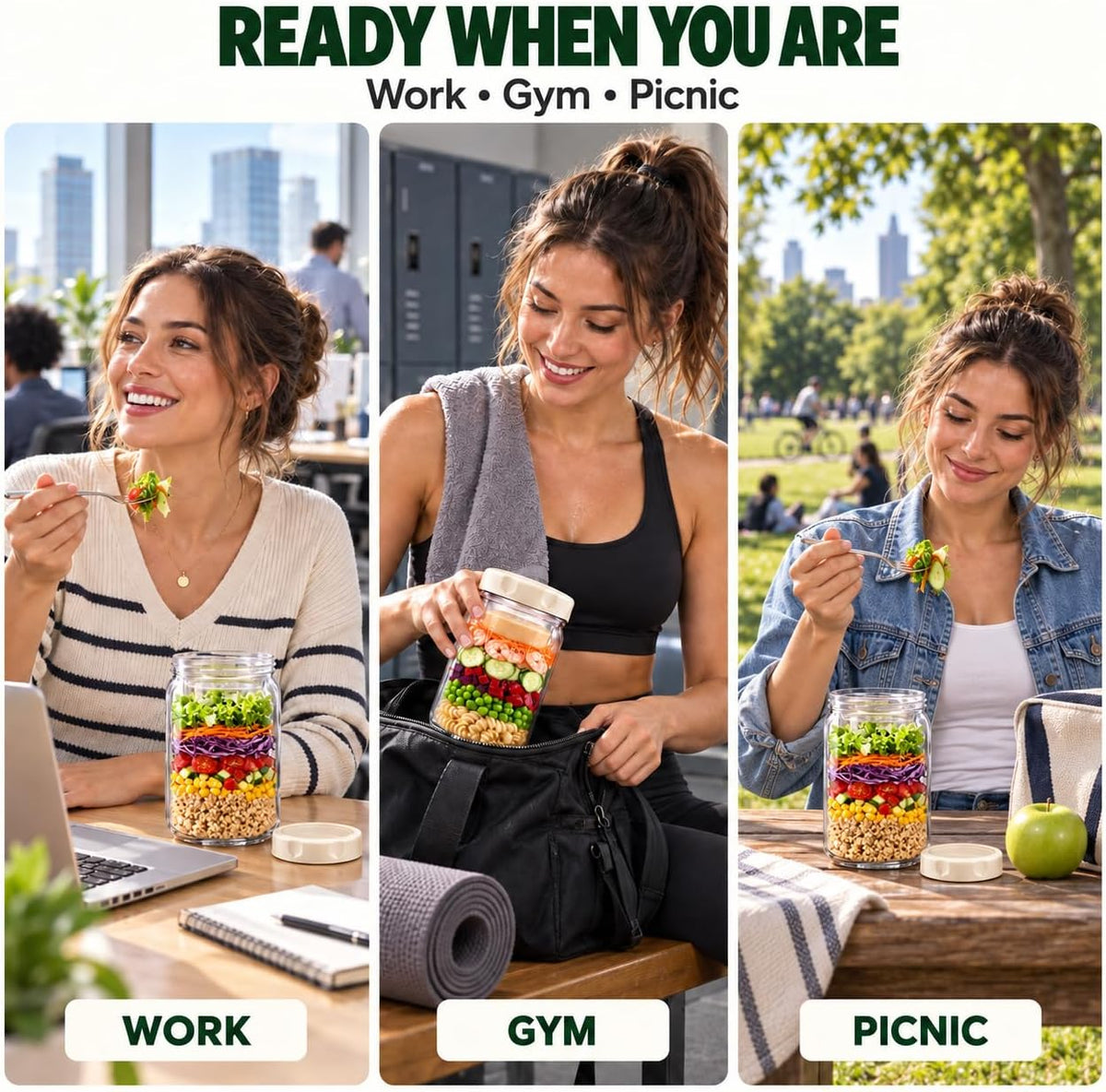 9Pack Salad Jar with Lids Meal Prep，32oz Large Salad Jars with 2 Build in Dressing Cup Meal Prep Containers, Salad Lunch Container for Office Gym On the go