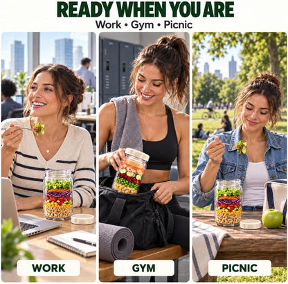 9Pack Salad Jar with Lids Meal Prep，32oz Large Salad Jars with 2 Build in Dressing Cup Meal Prep Containers, Salad Lunch Container for Office Gym On the go