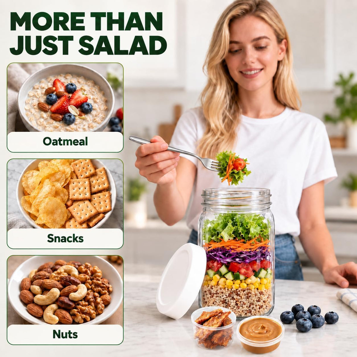 9Pack Salad Jar with Lids Meal Prep，32oz Large Salad Jars with 2 Build in Dressing Cup Meal Prep Containers, Salad Lunch Container for Office Gym On the go