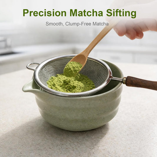 Matcha Sifter, 30-Mesh Fine Matcha Strainer with Natural Wood Handle, 3-Inch Stainless Steel Small Sieve for Matcha Tea, Chawan and Daily Latte