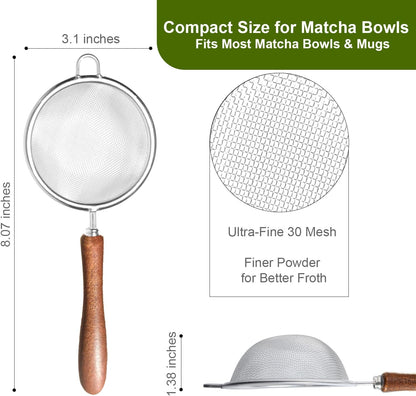 Matcha Sifter, 30-Mesh Fine Matcha Strainer with Natural Wood Handle, 3-Inch Stainless Steel Small Sieve for Matcha Tea, Chawan and Daily Latte