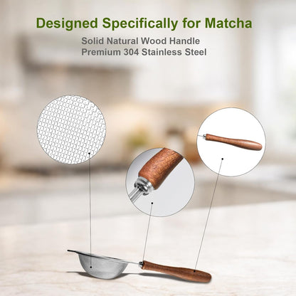 Matcha Sifter, 30-Mesh Fine Matcha Strainer with Natural Wood Handle, 3-Inch Stainless Steel Small Sieve for Matcha Tea, Chawan and Daily Latte